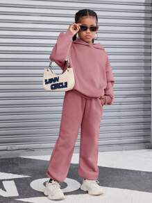 SHEIN Set 2 bucăți pentru fete Tween, cu hanorac și pantaloni groși, căptușiți cu captuseală termică, ținută școlară/casual