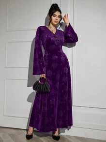 Al Najma 勃艮第红色女士天鹅绒压花 3D 花朵领结阿拉伯风格连衣裙，端庄 - 紫色 - 查看 3