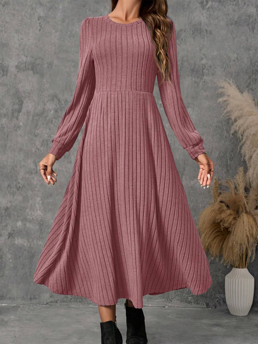 EMERY ROSE 圆领、长袖、灯笼袖、大裙摆长裙、中长款女装、秋季女装、冬季女装 - 粉色 - 查看 1