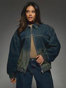 MISSGUIDED Oversized Ombre Bomber Denim Jacket Elastic Waist Fall Winter Fashion Streetwear Zip Up Urban Style Outerwear Casual Dark Base Utility Coat