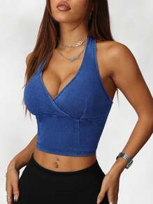 SHEIN EZwear Blusa vaquera azul de mujer de ajuste ceñido con cuello de halter elástico, para vacaciones de verano, estilo de los 90, primavera para mujer, estilo Y2K, vaquera, para mujer, rave, spring break, salir, streetwear, estilo de los 2000, gyaru, despedida de soltera, noche de citas, concierto de mujer, salir, con sujetador incorporado, playa para mujer, boho, Ibiza, se ajusta a festivales, tops de verano para mujer - Azul lavado medio - Ver 5