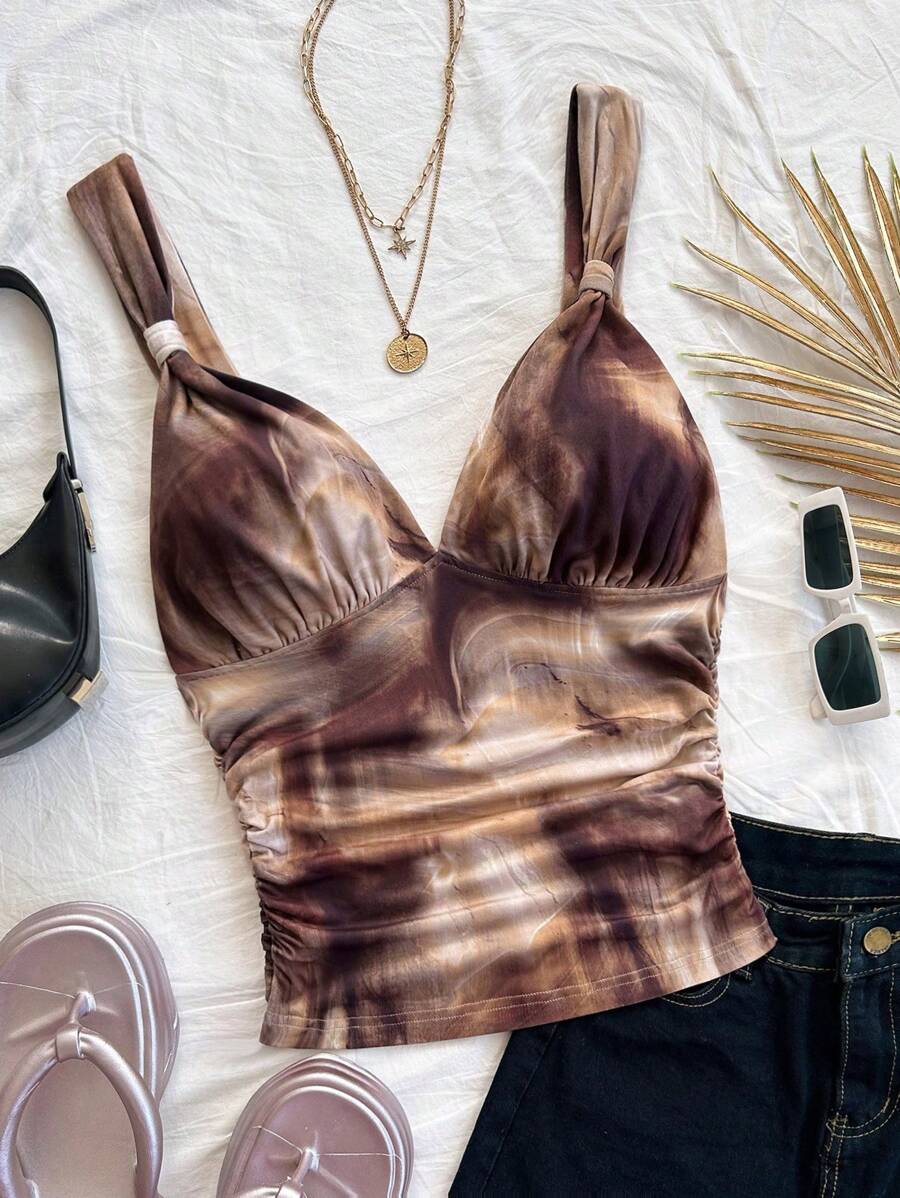 Soleia Damen Urlaubs Lässig Romantisch Resort Camisole mit Knoten und geraffter Taille, vintage Batik Muster, figurschmeichelndes Design, für Partys