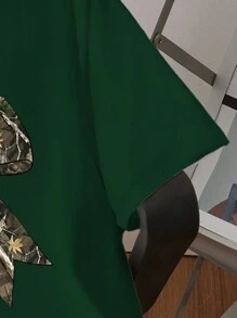 Tween Girl 圣诞休闲圆领短袖蝴蝶结印花简约上衣，日常穿着 - 墨綠色 - 查看 6