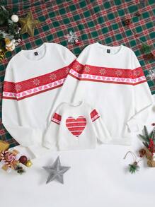 SHEIN Baby Boy Crew Neck Long Sleeve Knit Sweatshirt With Heart Print, Fuzzy Sleeves, Autumn/Winter (Sold Separately, 3 Pieces) - White - View 1