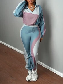 Slaydiva 2 件套女士休闲街头风格运动高领长袖拉链夹克和宽松抽绳裤，拼布拼色 - 綠色 - 查看 4