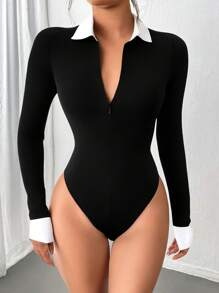 Flirla 黑白撞色翻领半襟拉链长袖修身衬衫，时尚简约女士街头服饰，秋季 - 黑色 - 查看 1