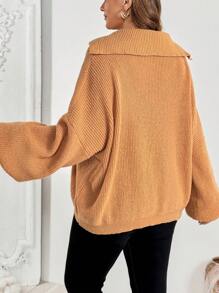 SHEIN VCAY 大码水手领半拉链套头毛衣 - 棕色 - 查看 2