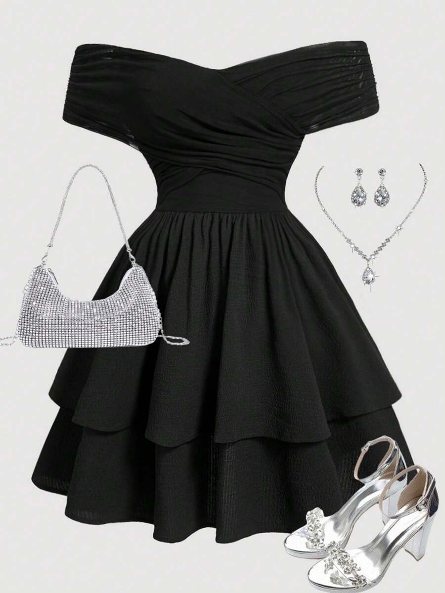 SHEIN Girlism Đầm dự tiệc màu trơn trễ vai cổ chữ thập nhún eo xếp lớp nhiều lớp cho bé gái tuổi teen - màu đen - Xem 1