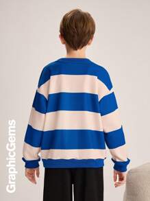 Sweat-shirt casual à col rond et manches longues avec imprimé rayé, pour garçon pré-adolescent