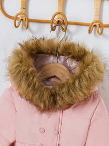 Abrigo acolchado negro con cuello esponjoso y cinturón con moño para niñas jóvenes - Rosa - Ver 6