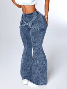 SHEIN ICON Women's Cross Strap Design Flared Casual Versatile Jeans - Light Wash - View 5