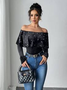 Chiquease 优雅荷叶边荷叶边饰珍珠装饰女式紧身衣