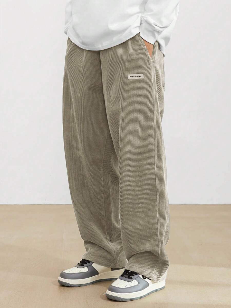 TOKVUE 男士纯色休闲日常长裤，男士街头潮流服饰，男友礼物，秋季 - 駝色 - 查看 1