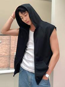 男士纯色拉链连帽休闲上衣，夏季 - 黑色 - 查看 4