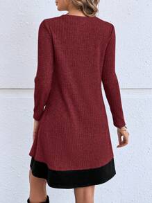 EMERY ROSE 女士纯色拼接长袖简约短款休闲连衣裙秋季女装酒红色开衫女冬连衣裙