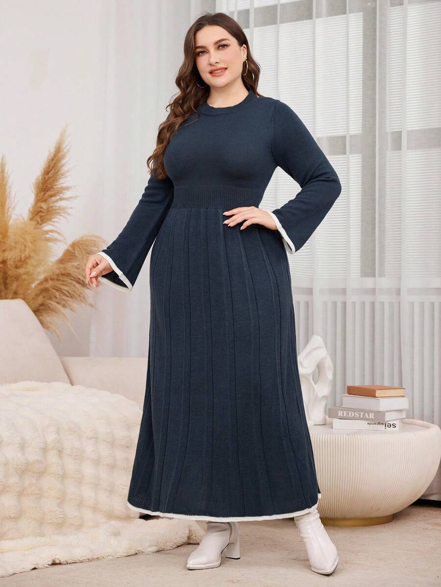 Modelyn Plus Size Solid Color Patchwork Round Neck Long Sleeve Casual Long Dress - Navy Blue - View 1