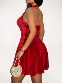 Zolique Solid Color Halter Backless Pleated Elegant Sleeveless Dress For New Year Clothes - Red - View 4