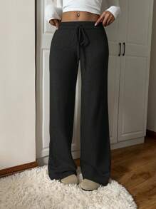 SHEIN EZwear Drawstring Loose Knit Pants, Solid Color Simple Casual Everyday Wear - Black - View 3