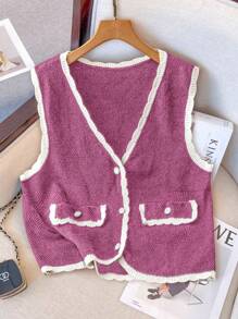 SHEIN Unity Rompi Sweater Kasual Wanita Ukuran Besar dengan Kerah V dan Kancing Depan untuk Musim Gugur/Dingin - Berwarna merah muda - View 1