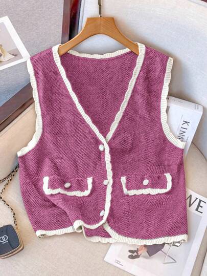 SHEIN Unity Plus Size Women's V-Neck Button Up Casual Sweater Vest For Autumn/Winter