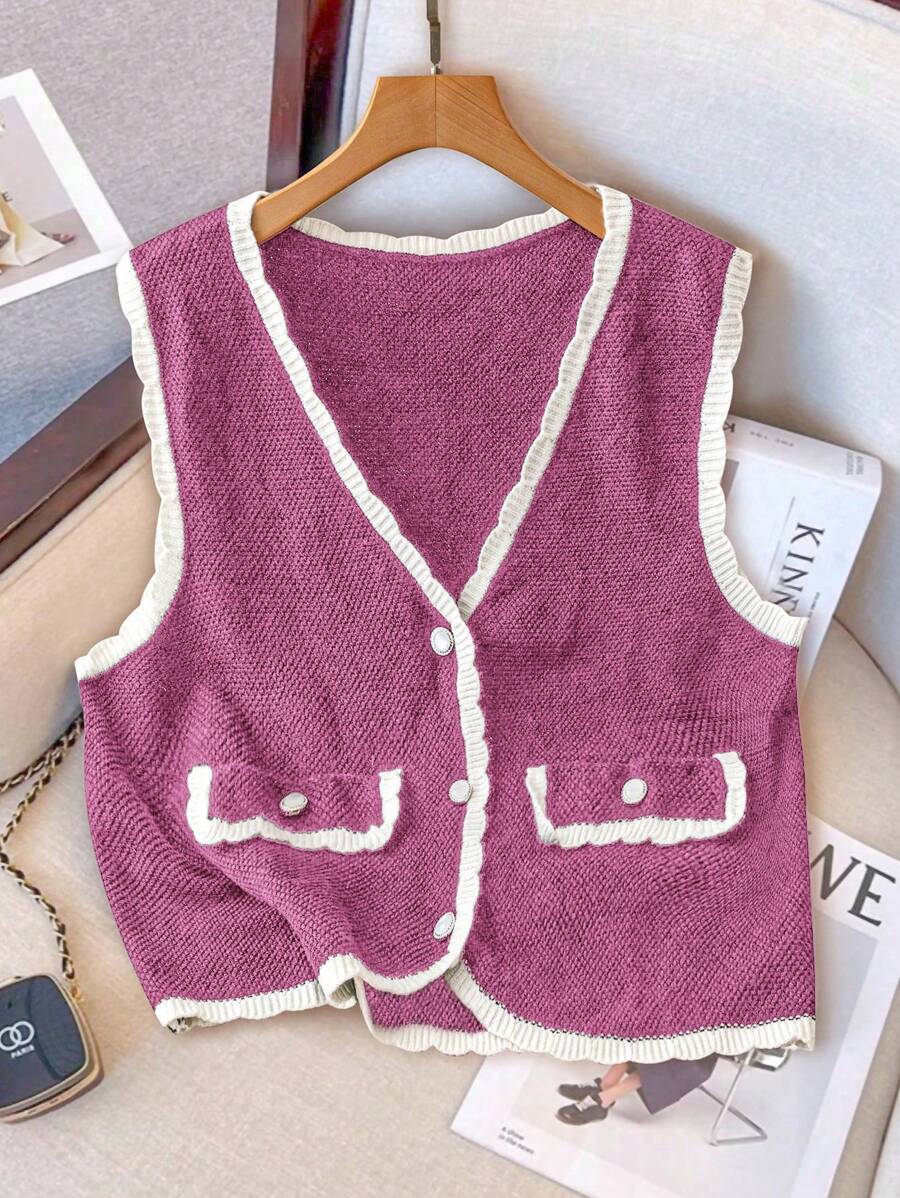 SHEIN Unity Rompi Sweater Kasual Wanita Ukuran Besar dengan Kerah V dan Kancing Depan untuk Musim Gugur/Dingin - Berwarna merah muda - View 1