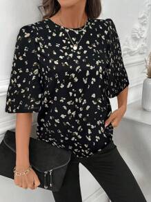 SHEIN LUNE 女式荷叶边泡泡袖动物印花衬衫，冬季休闲办公室工作服 - 黑色 - 查看 4