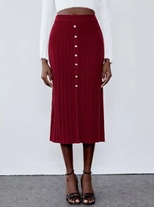 Chiquease Elegant Knit Waist Decor Button Front Midi Sweater Skirt For Women