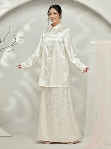Graceveil Baju Kebaya Floral Jacquard Long Sleeve Button-Up Shirt & Long A-Line Skirt Set Modest