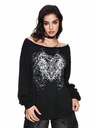 Grunge Punk Maglietta da donna a spalle scoperte con applicazioni in perline a motivo di fiore di iris e nastro, in cotone, vestibilità morbida