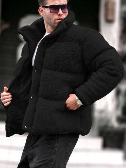Manfinity Homme Loose Fit Men's Snap Button Front Teddy Padded Coat, Men Winter Coat, Black Puffer Jacket, Men Outerwear, For Fall