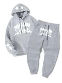 GENIUS ODE 男士休闲字母印花抽绳保暖连帽衫和裤子两件套，秋冬季设计师运动套装