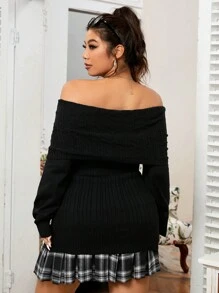 SHEIN EZwear Plus Size Women Solid Color Off-Shoulder Long Sleeve Fitted Sweater, Autumn/Winter Fashion - White - View 3