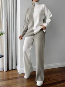 EURMUSE Colorblock Beige Sweater And Pant 2 Pcs Knitwear Set Casual Simple - Beige - View 6