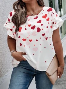 SHEIN LUNE Camisa con estampado de corazón para tallas grandes, para el verano - Rojo y blanco - Ver 4
