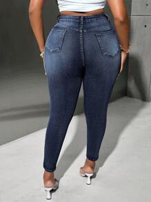 SHEIN Lady 蓝色大码牛仔裤性感紧身弹力九分裤舒适百搭日常休闲装时尚打底裤返校教师服装 - 深色水洗藍 - 查看 2