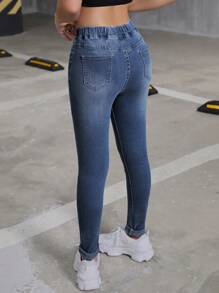 SHEIN Teen Girl Y2K Elastic Waist Insert Pocket Denim Stretch Pants,Fall Back To School Cute Clothes Outfits