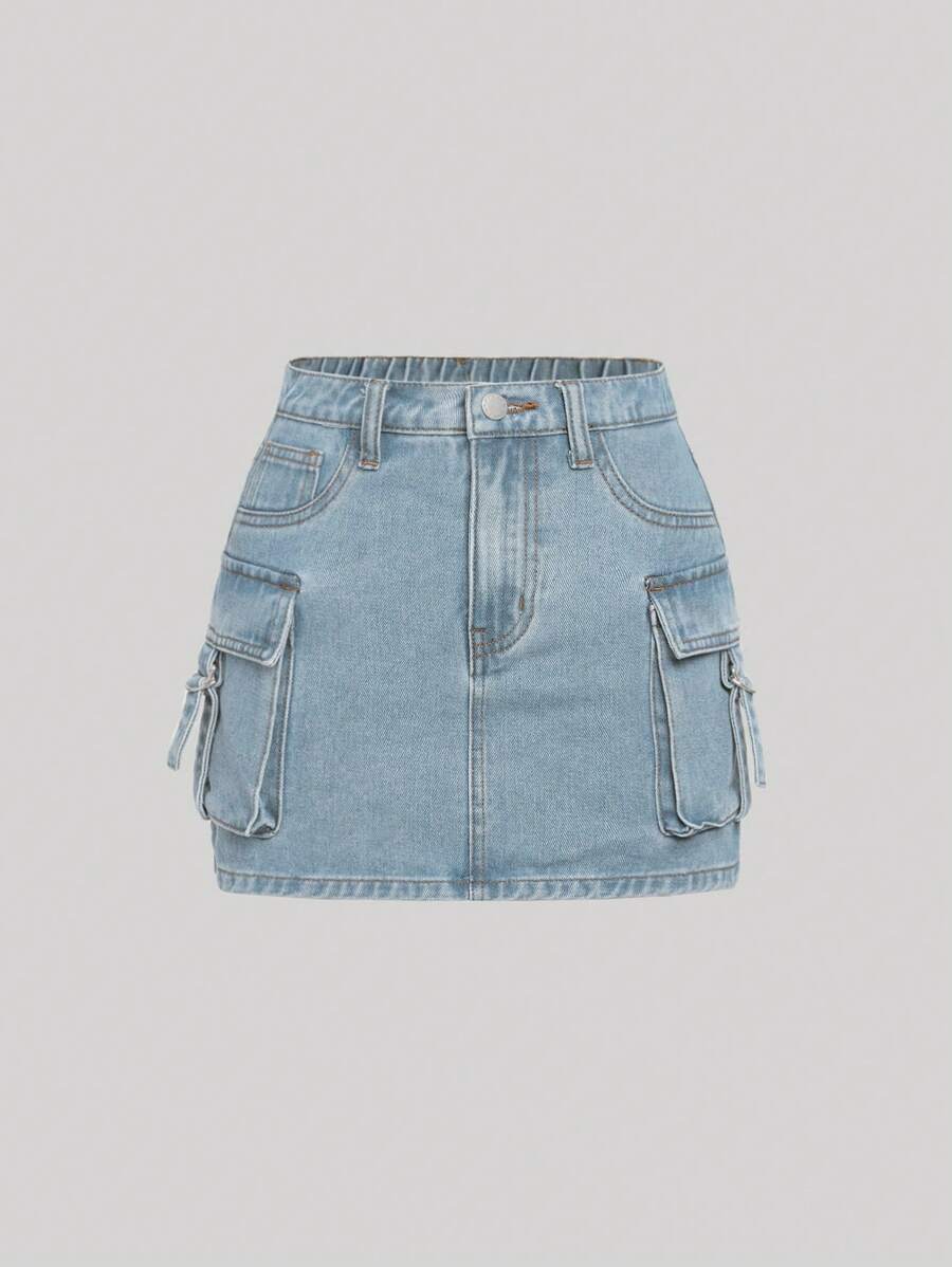 SHEIN 少女休闲牛仔裙，简约时尚日常穿着 - 淺色水洗藍 - 查看 1