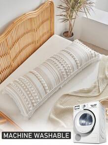 1pc Khaki Pom Pom Tasseled Polyester Long Pillow Case, Minimalist Boho Style Polyester Pillowcase Suitable For All Seasons - Khaki - View 5