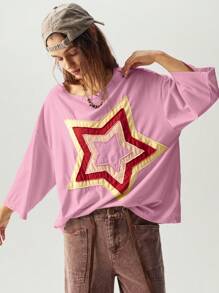 Bohemela 休闲纯色针织圆领短袖宽松大码T恤，带刺绣星星图案 - 粉色 - 查看 5