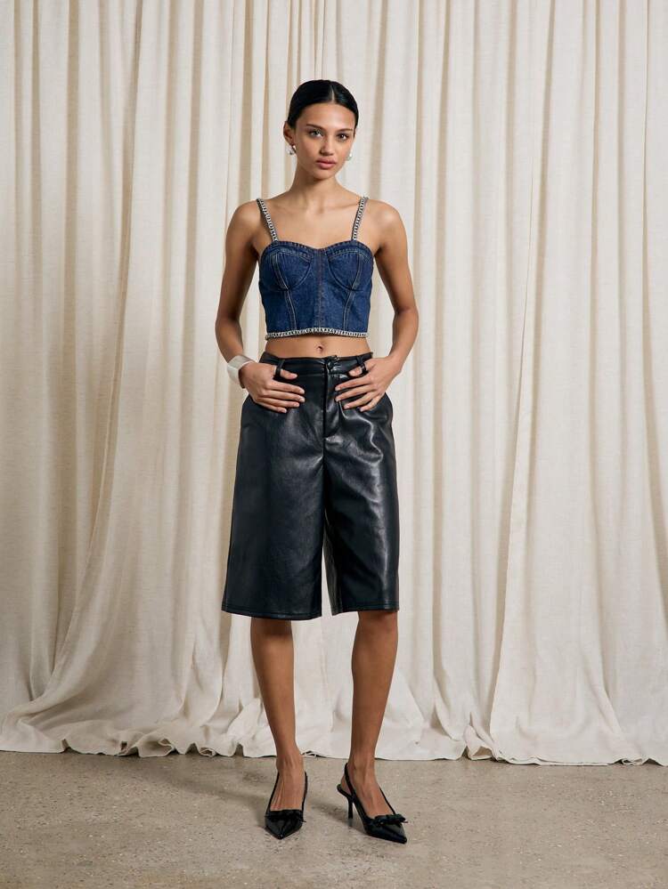 Denim Corset Top With Crystal Embellished Straps