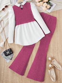 2pcs/Set Teen Girl Ribbed Shirt And Ribbed Elastic Waist Flare Pants - Hot Pink - View 2