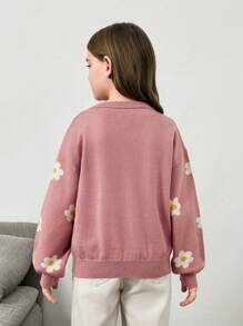 Jersey de punto con cuello en V y diseño floral intarsia informal para niñas preadolescentes