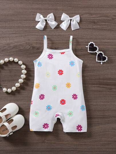 SHEIN 新生女孩可爱夏季针织花卉弹力无袖连体衣，开裆设计