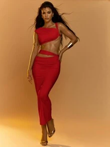 MISSGUIDED Women Crop Top And Maxi Skirt Two Pieces Cut Out Midi Dress Club Party Evening Wear Bodycon Summer Outfit Christmas - Red - View 4