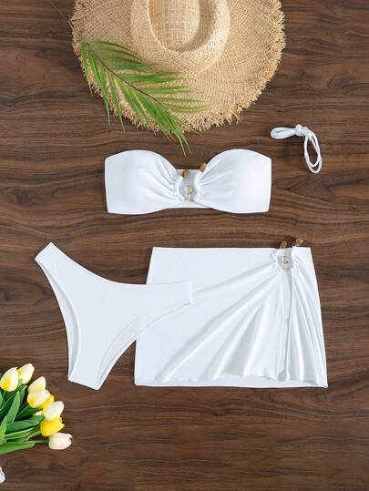 SHEIN Swim 3pcs Beach Outfits For Women: Solid Bandeau Top With Metal Fastener & Short Skirt Sexy Bikini Set For Summer Beach Vacation