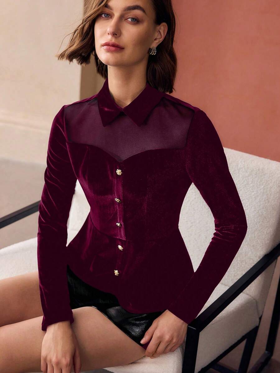 MOTF PREMIUM CONTRAST MESH VELVET BUTTON FRONT SHIRT - Burgundy - View 1