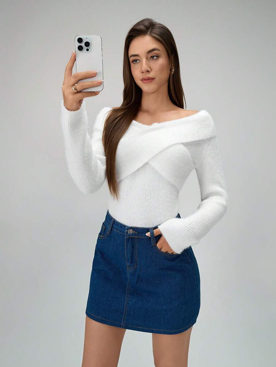 Chiquease Women V-Neck Cross Front Exposed Clavicle Solid Color Fitted Knit Long Sleeve Sweater Knit Pullover Fall Winter - White - View 1