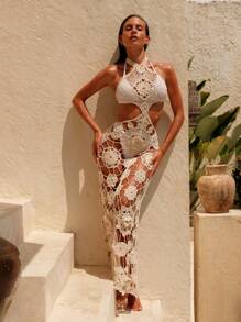 Swim Chiccia New Summer Apricot Hollow Out Crochet Fabric Vacation Beach Cover-Up Dress