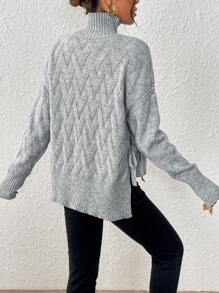 Chiquease Women High Neck Loose Knitted Long Sleeve Sweater Top With Split And Tie Design, Versatile Pullover Sweater, Autumn/Winter Fall - Grey - View 2