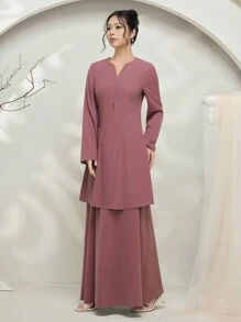 Graceveil Conjunto modesto de top de manga larga de unicolor con cuello en V y falda midi para mujer (Baju Kurung) - Púrpura polvoriento - Ver 5